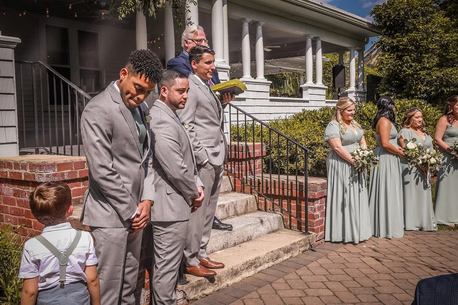 Wedding party gathered outside